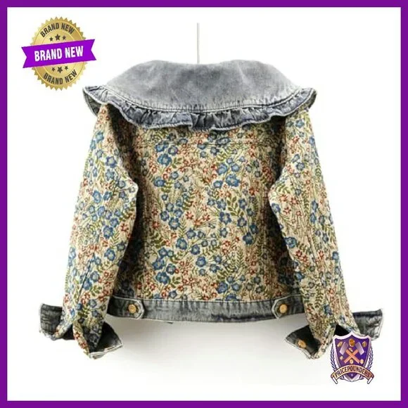 Long Sleeve Jacquard Denim Jacket Peter Pan Collar Button Front - Picture 3 of 7